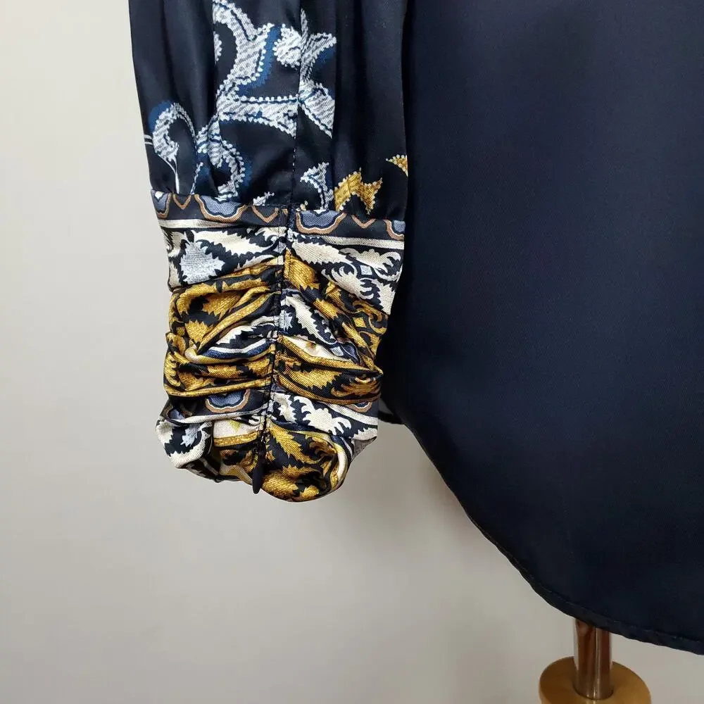 Chico’s Sz 1 Ruched Cuff Placed Print Tunic Top Button Down Chicos Sz M / 8 - Picture 12 of 16